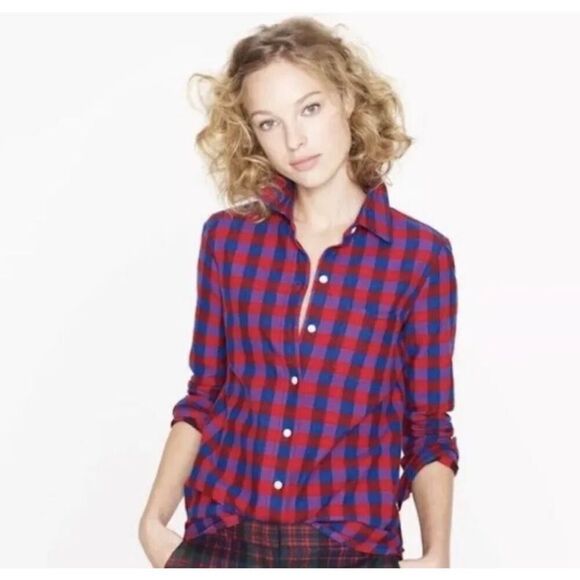 J. Crew Flannel Red Blue Poppy Plaid Boy fit Shirt button‎ up size 0 - Picture 1 of 5
